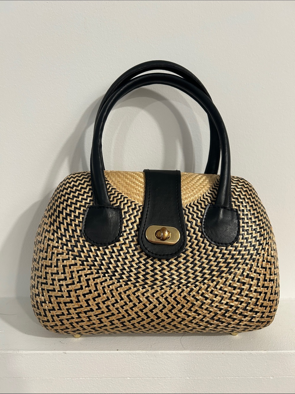 Woven Straw and Black Leather Satchel Bag 1980s